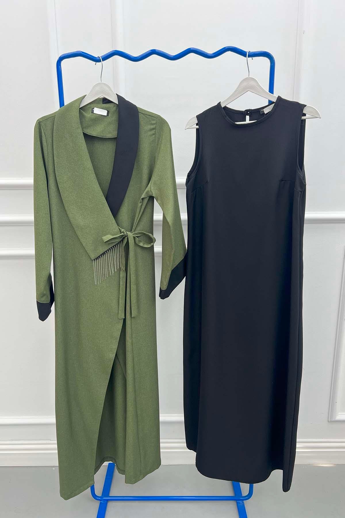 Zincirli Renk Bloklu Abaya Haki