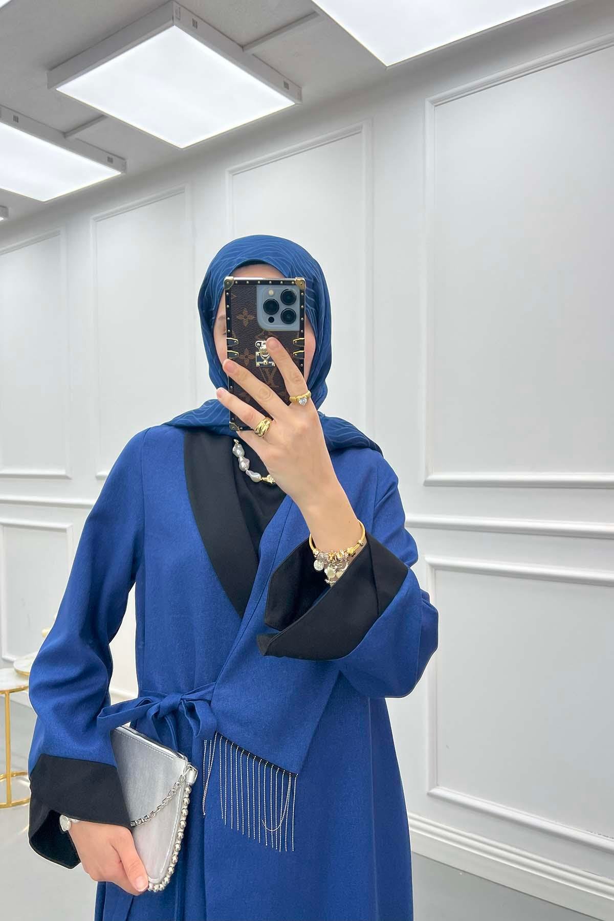 Zincirli Renk Bloklu Abaya Lacivert