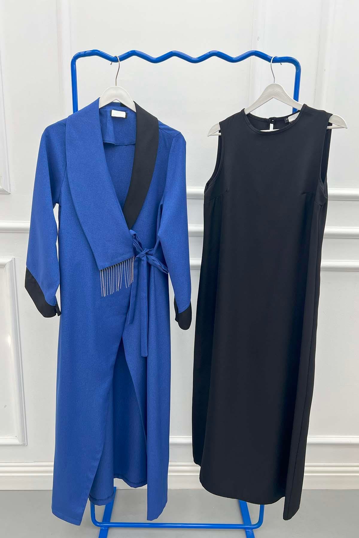 Zincirli Renk Bloklu Abaya Lacivert
