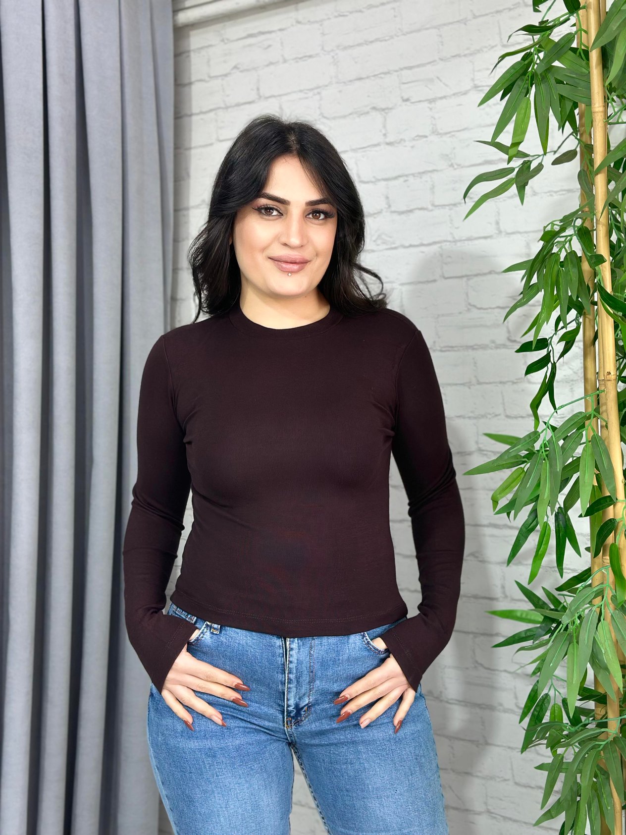 Acı Kahve Bisiklet Yaka Modal Kumaş Uzun Kol Basic Orijinal Tshirt A005