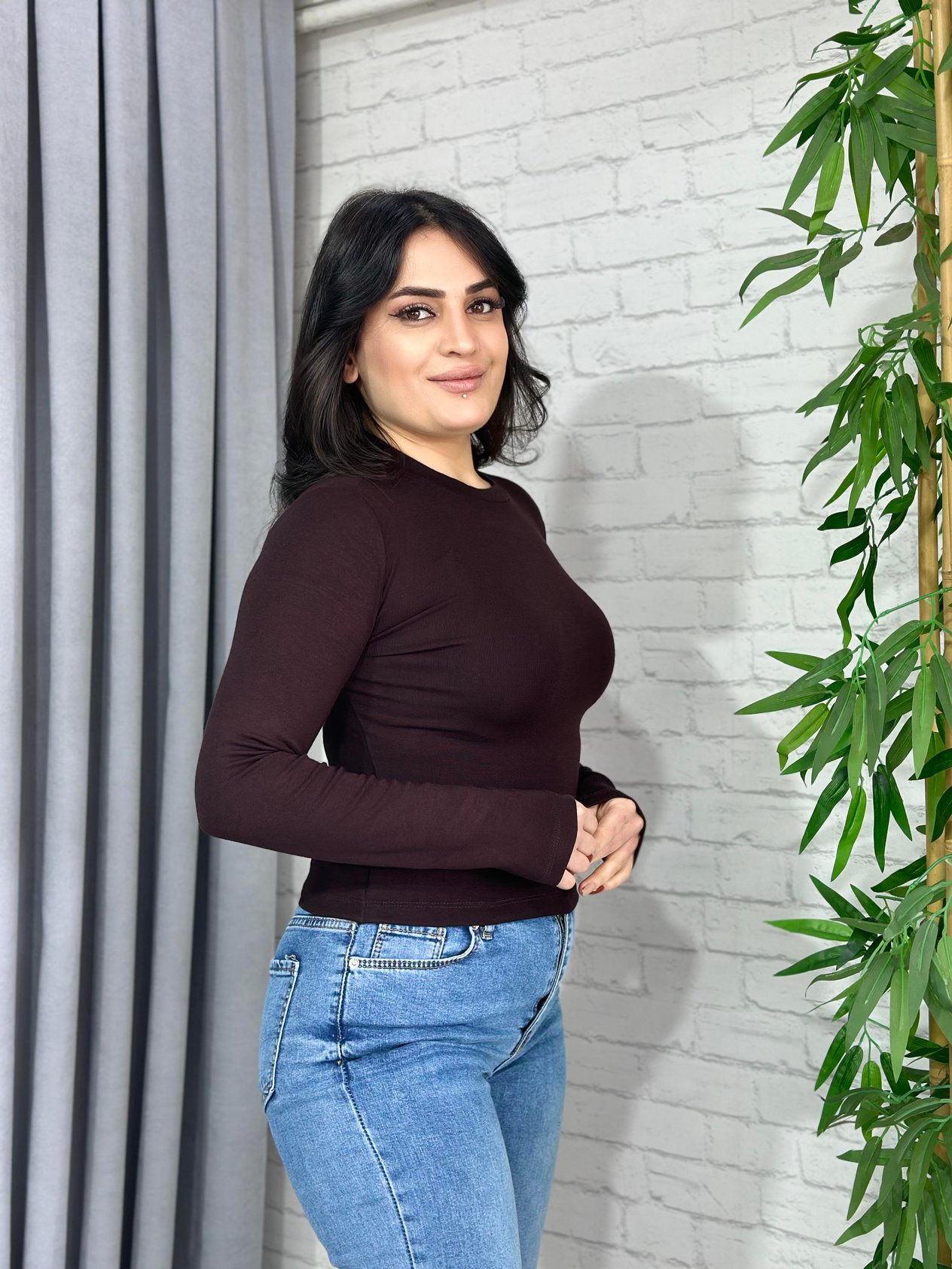 Acı Kahve Bisiklet Yaka Modal Kumaş Uzun Kol Basic Orijinal Tshirt A005