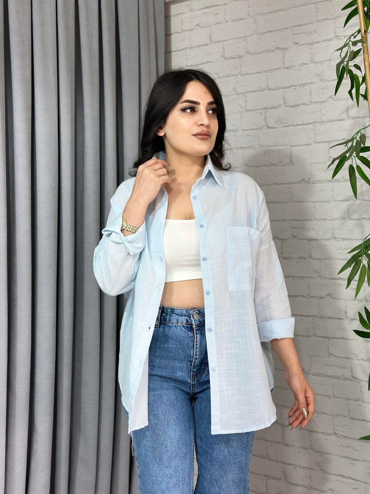 Bebe Mavi Oversize Cepli Keten Gömlek A098