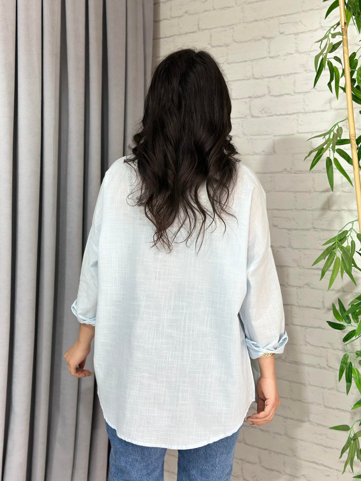 Bebe Mavi Oversize Cepli Keten Gömlek A098
