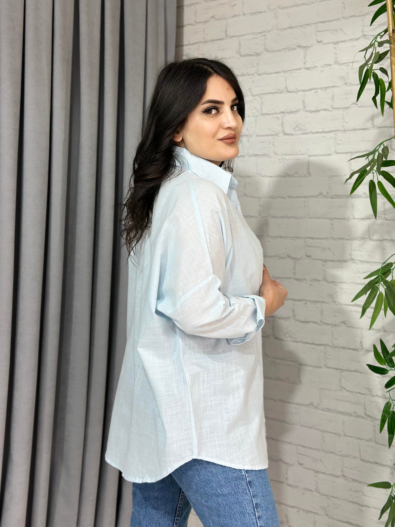 Bebe Mavi Oversize Cepli Keten Gömlek A098