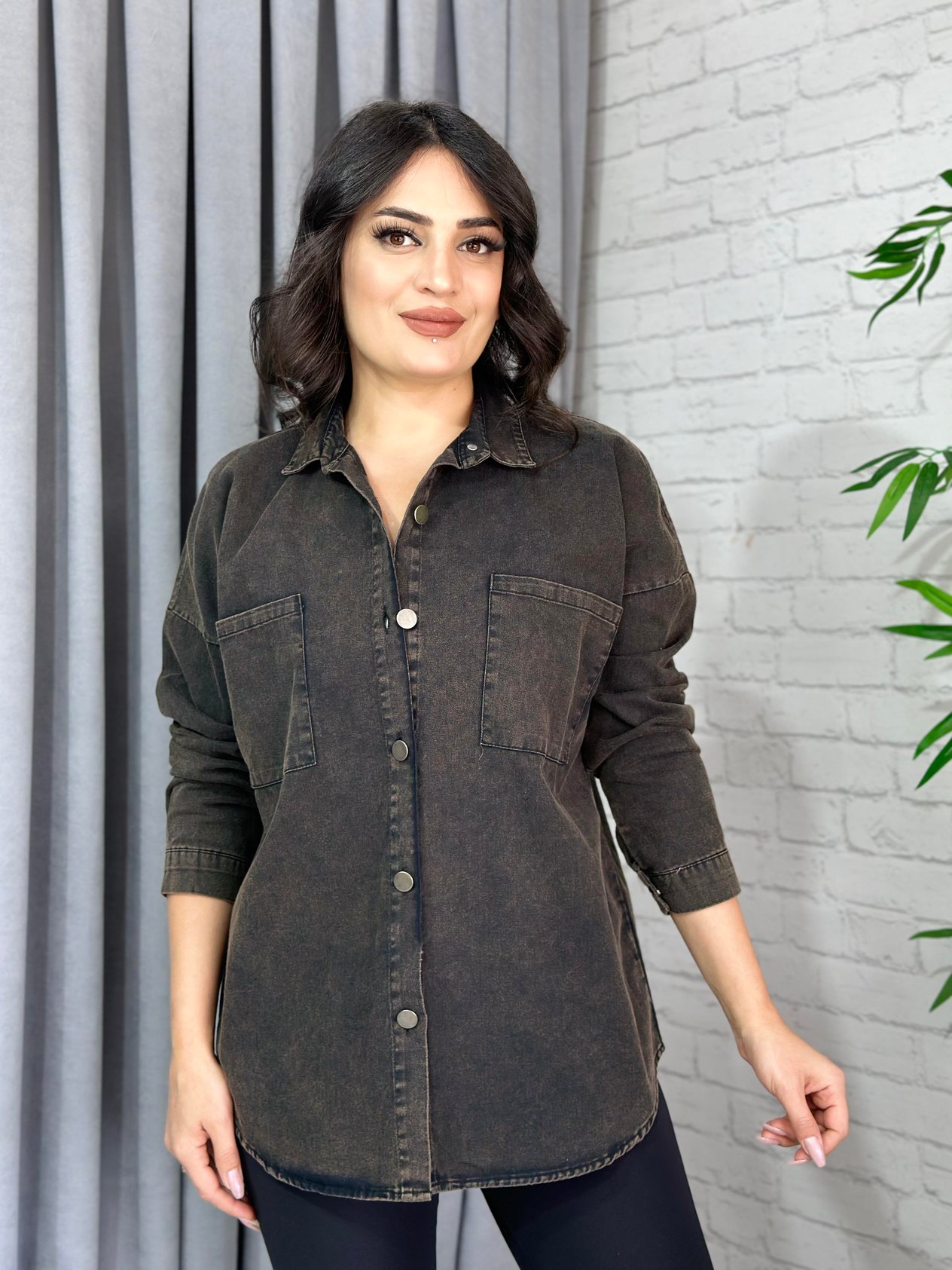 Füme Çift Cepli Pamuklu Gabardin Gömlek 