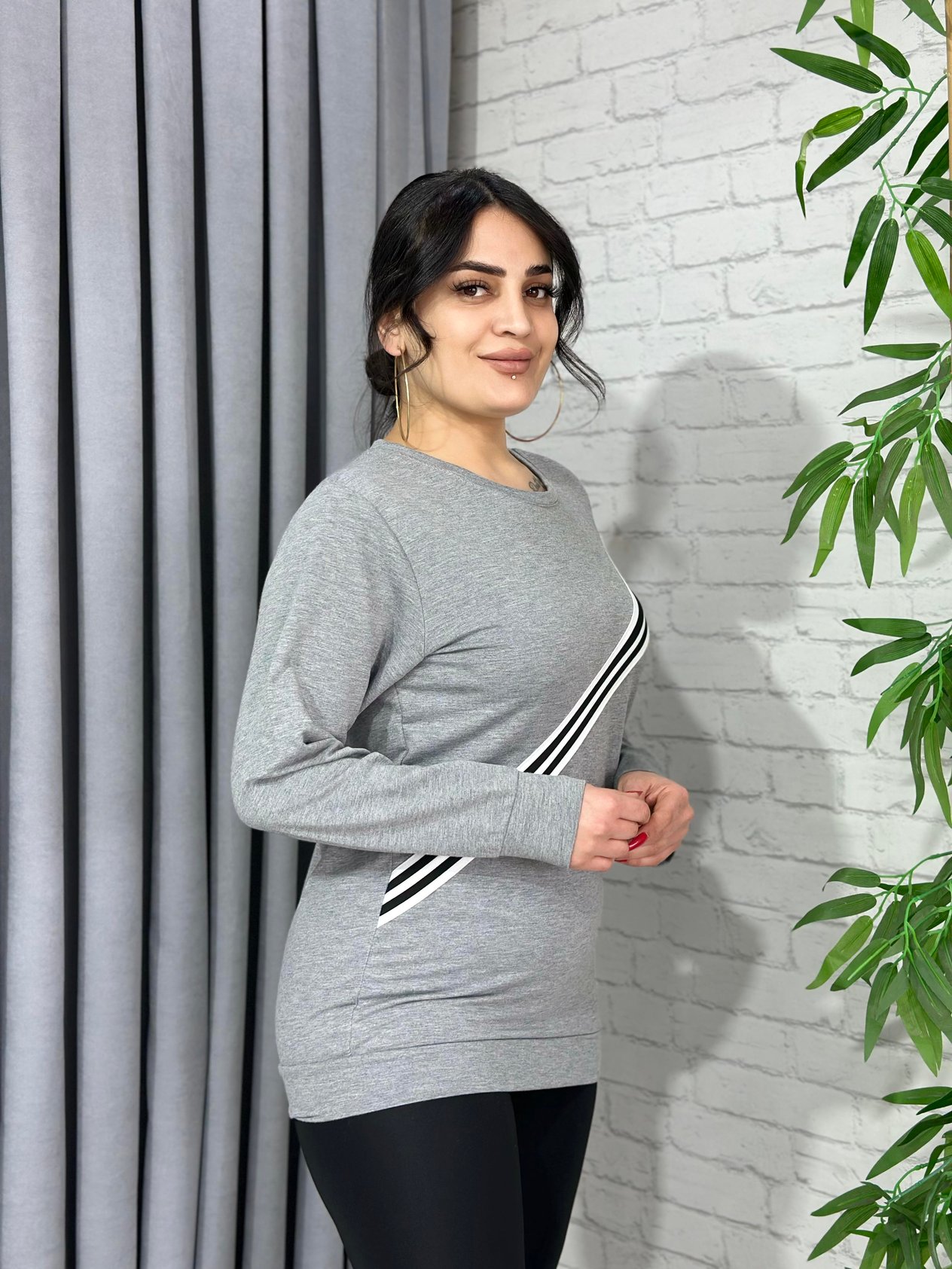 Gri Şerit Detaylı Pamuklu Sweatshirt A900