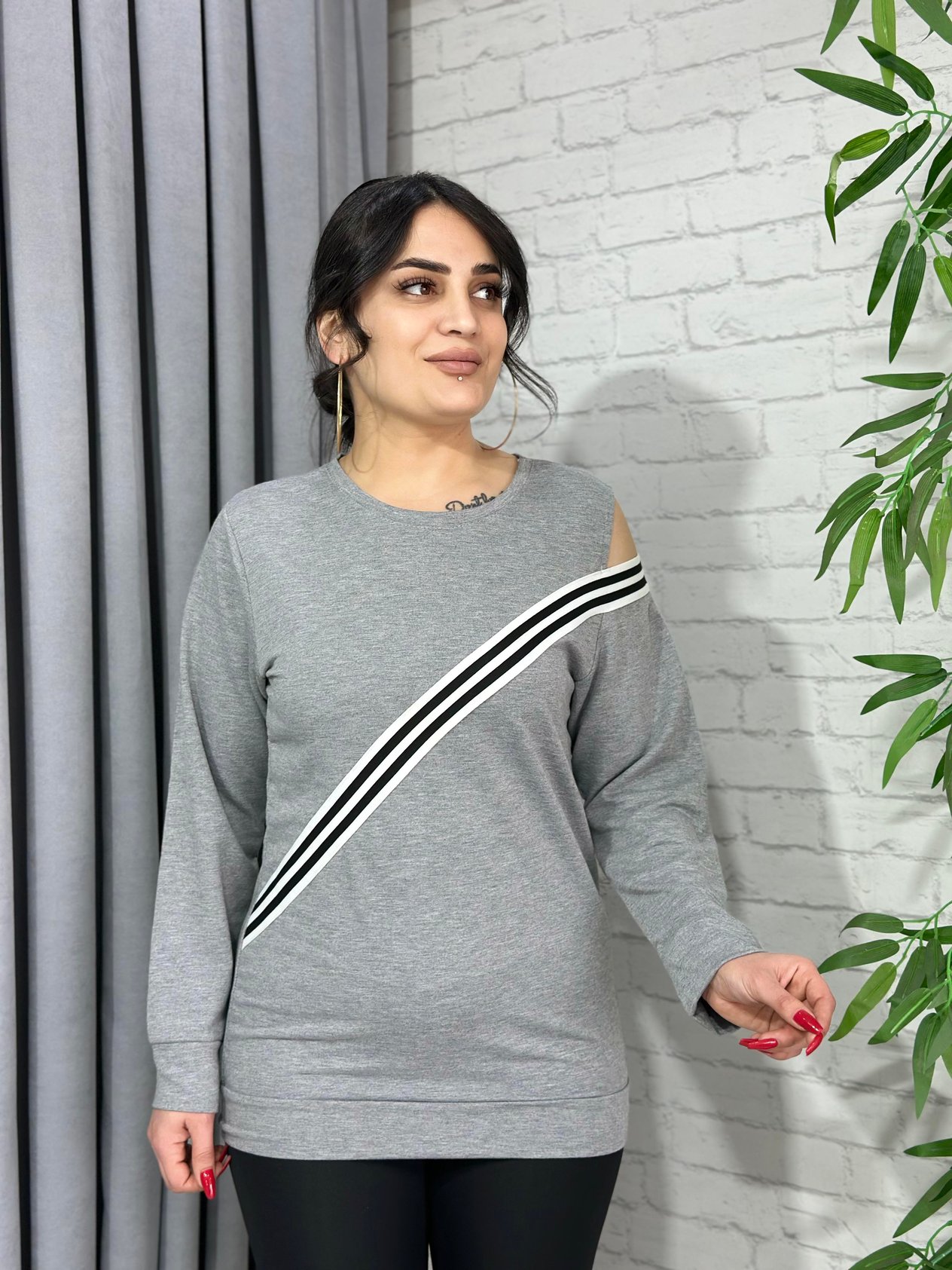 Gri Şerit Detaylı Pamuklu Sweatshirt A900
