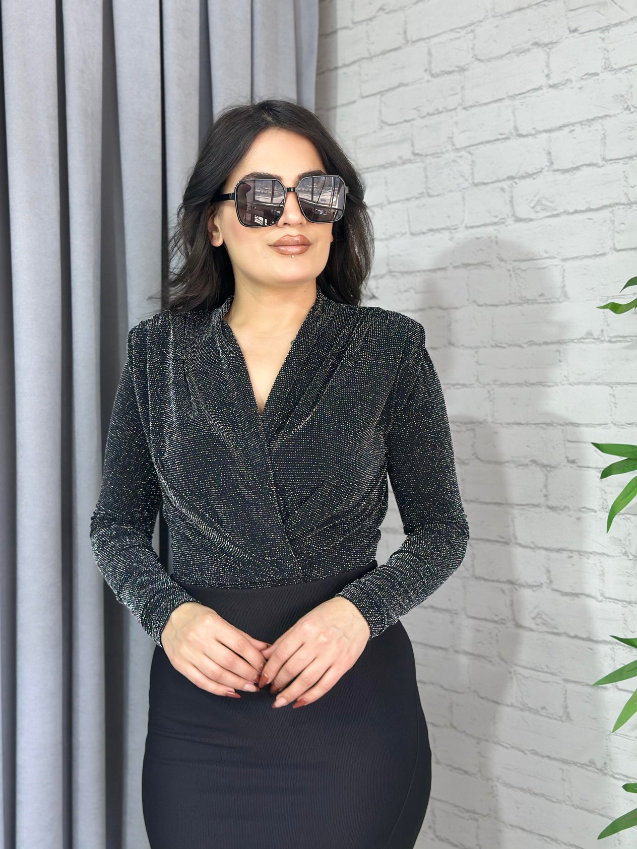 Gri Simli Kruvaze Yaka Vatkalı Bodysuit A639