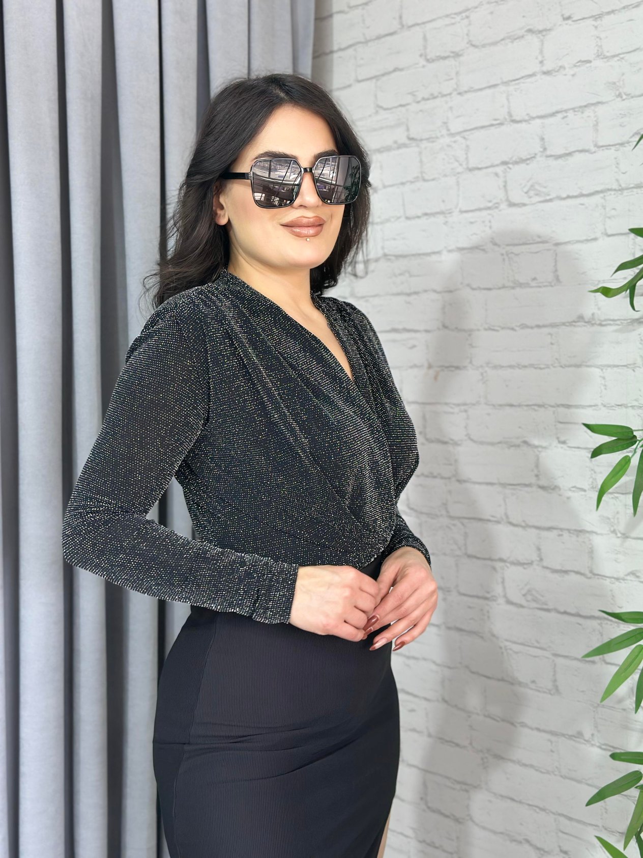 Gri Simli Kruvaze Yaka Vatkalı Bodysuit A639