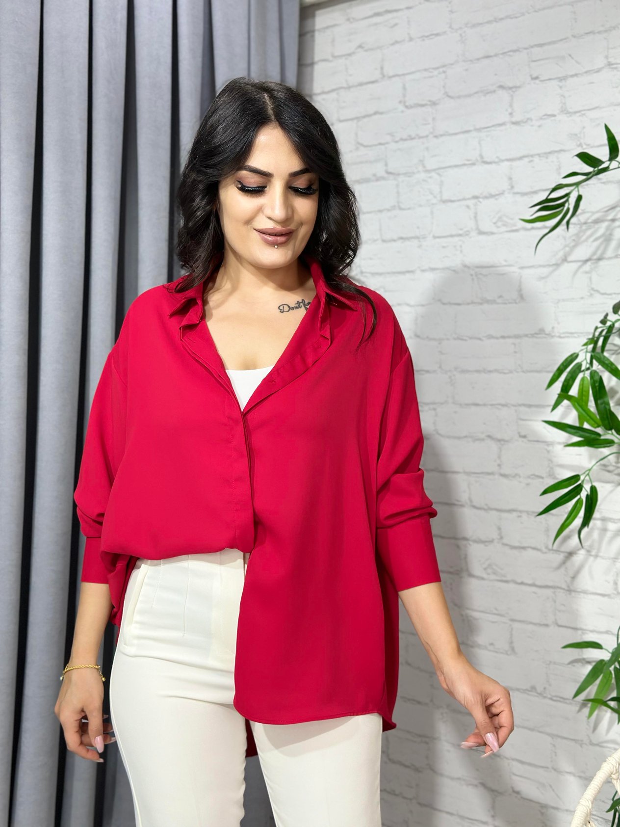 Kırmızı Yarasa Kol Pamuk Saten Gömlek