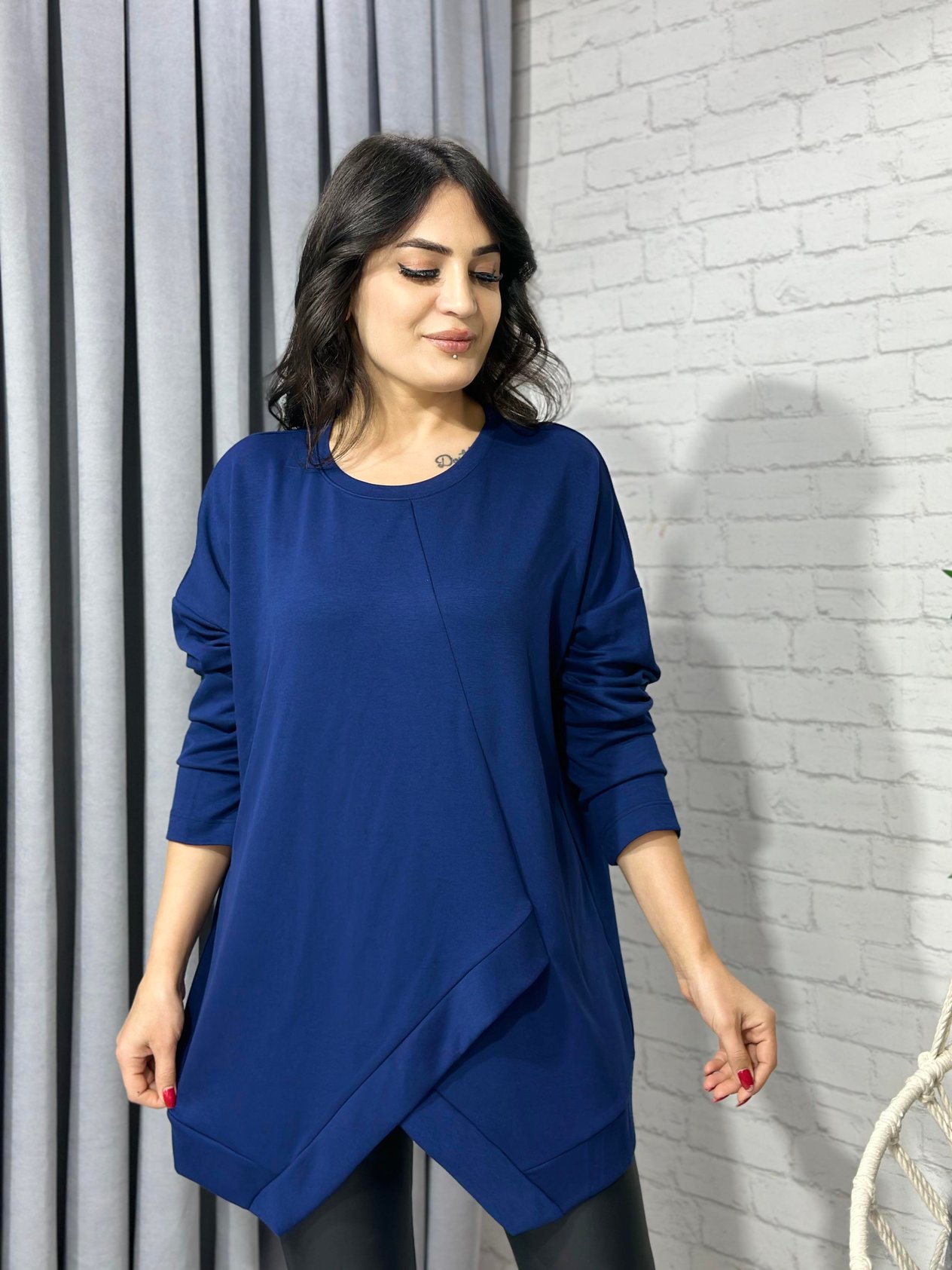 Lacivert  Asimetrik Kesim Modal Oversize Bluz