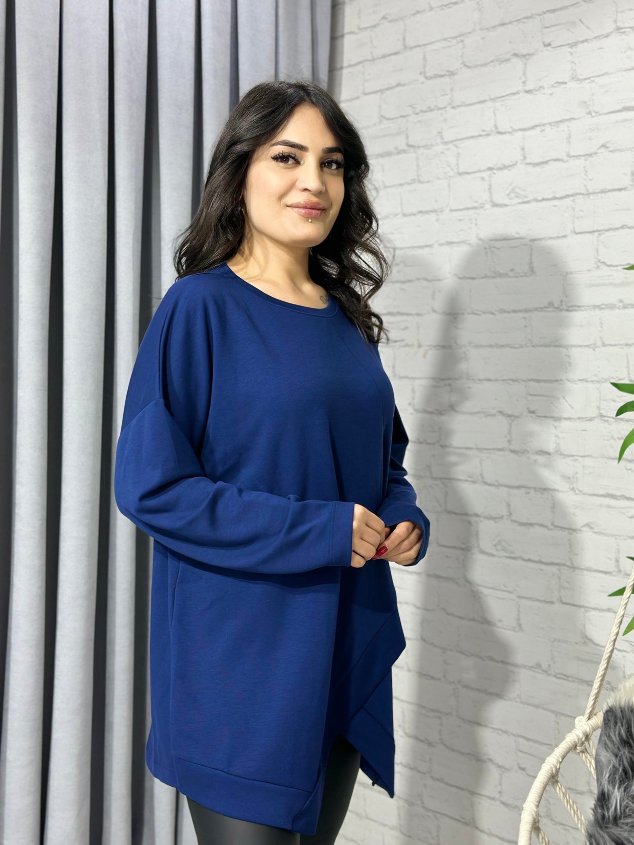 Lacivert  Asimetrik Kesim Modal Oversize Bluz