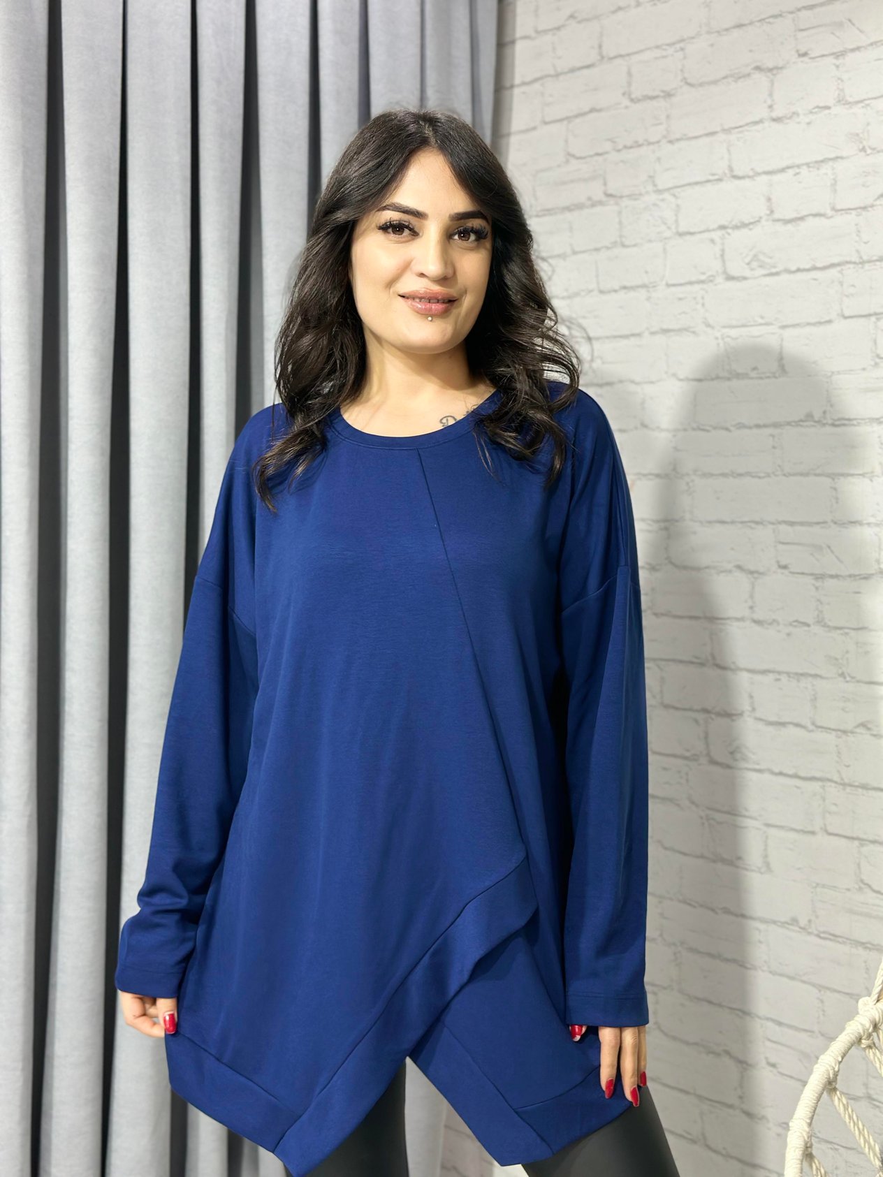 Lacivert  Asimetrik Kesim Modal Oversize Bluz