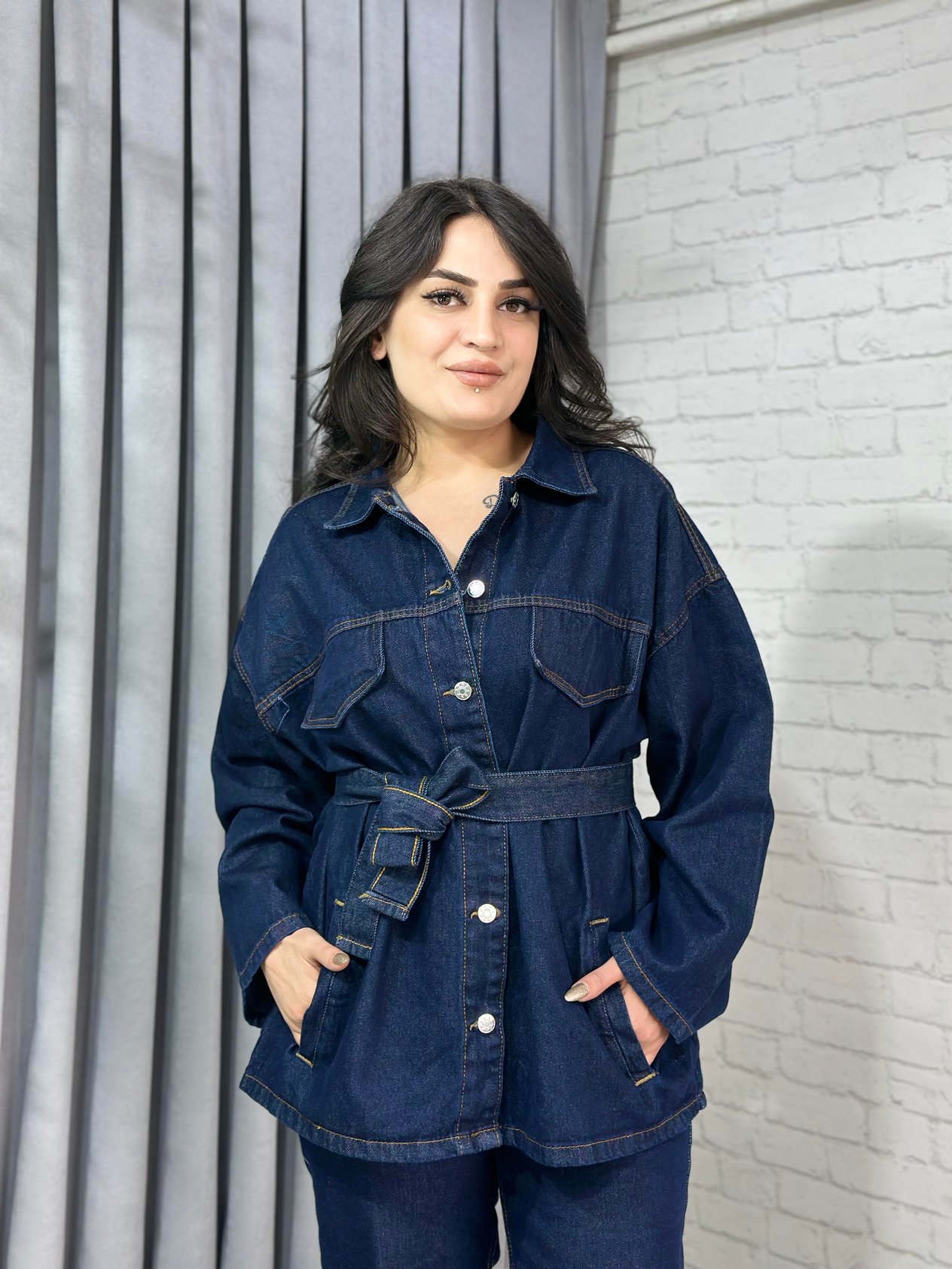 Lacivert Cepli Kuşaklı Düğmeli Denim Ceket  Takım A642