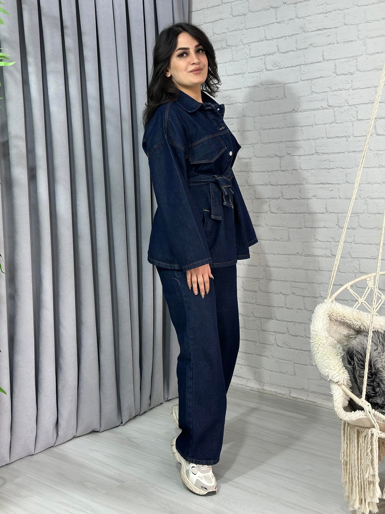 Lacivert Cepli Kuşaklı Düğmeli Denim Ceket  Takım A642