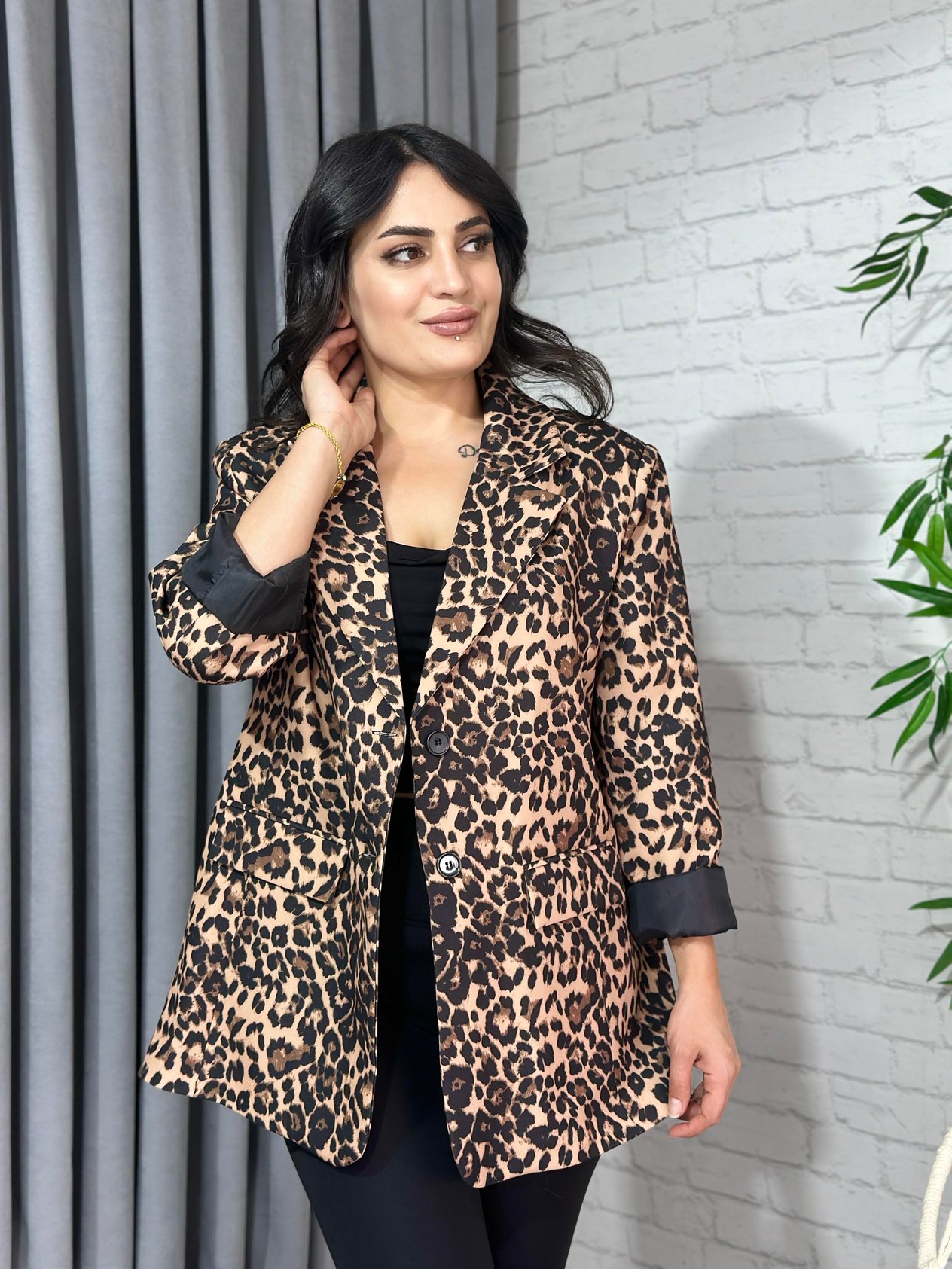 Leopar Desenli Blazer Astarlı Ceket 