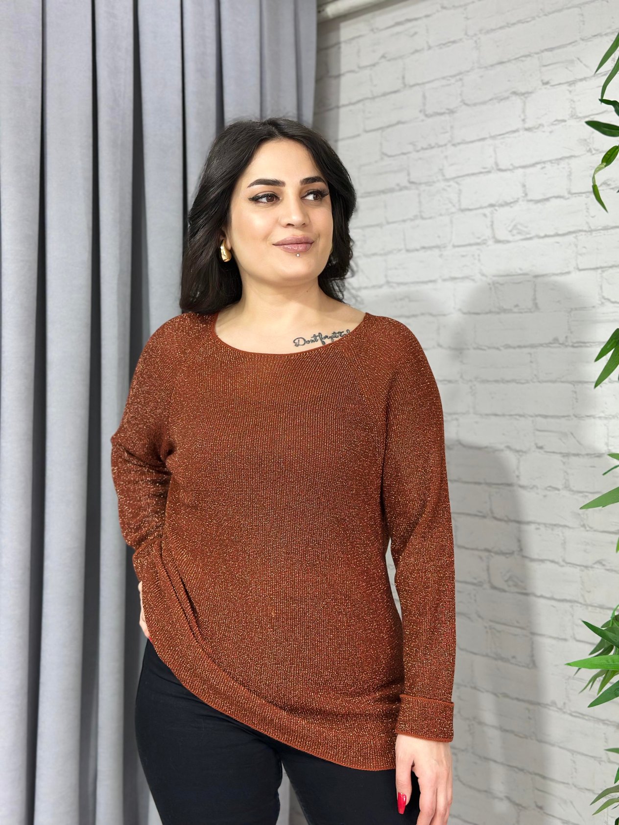 Rue Kiremit Bisiklet Yaka Kollar Katlamalı Triko Bluz  A032