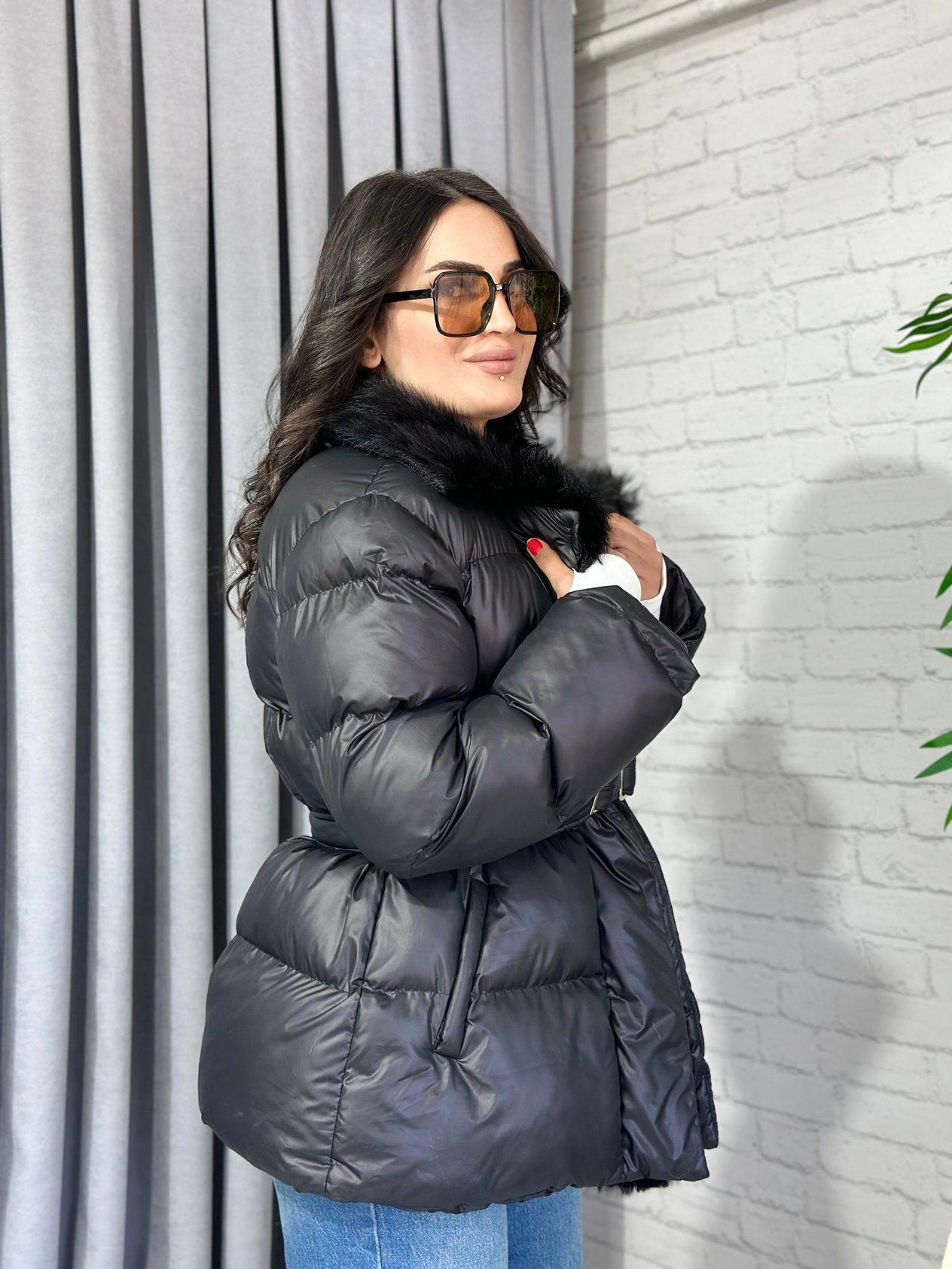 Siyah İçi Kürklü Beli Kemerli Hana Şişme Mont 