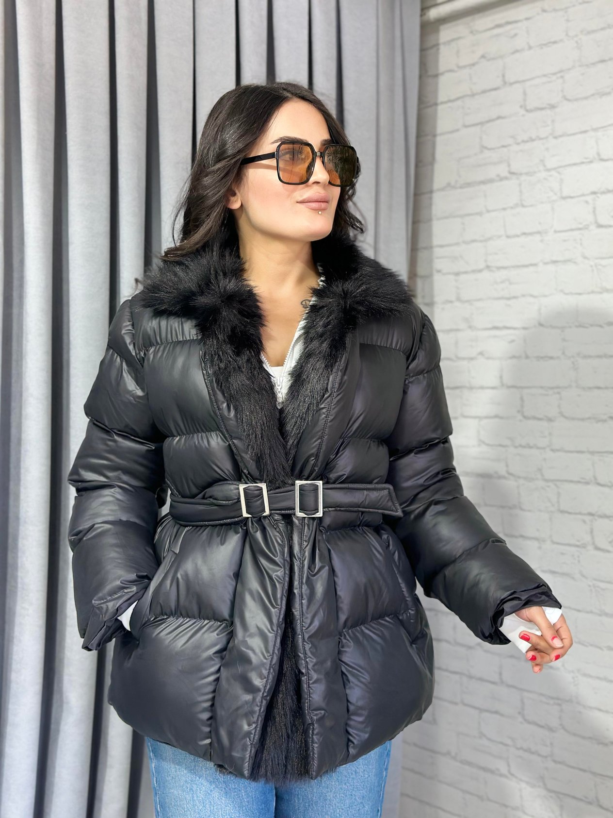 Siyah İçi Kürklü Beli Kemerli Hana Şişme Mont 