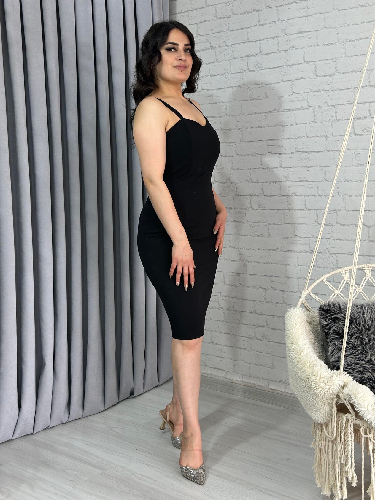 Siyah İp Askı Midi Boy Krep Kalem Elbise A063
