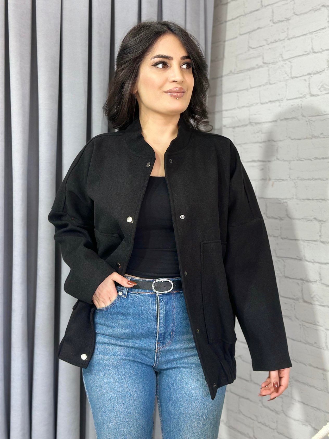 Siyah Oversize Trend Cepli Kaşe Bomber Ceket Mont