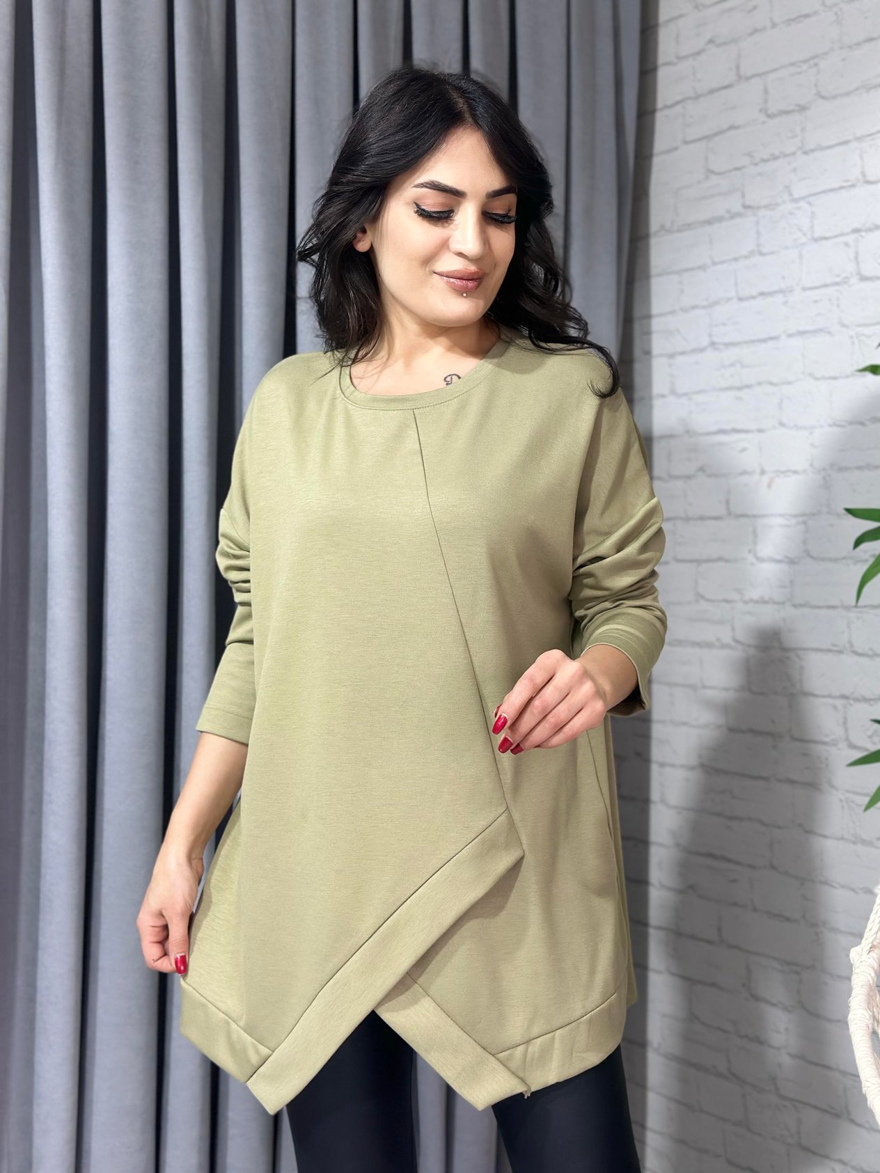 Yağ Yeşili Asimetrik Kesim Modal Oversize Bluz