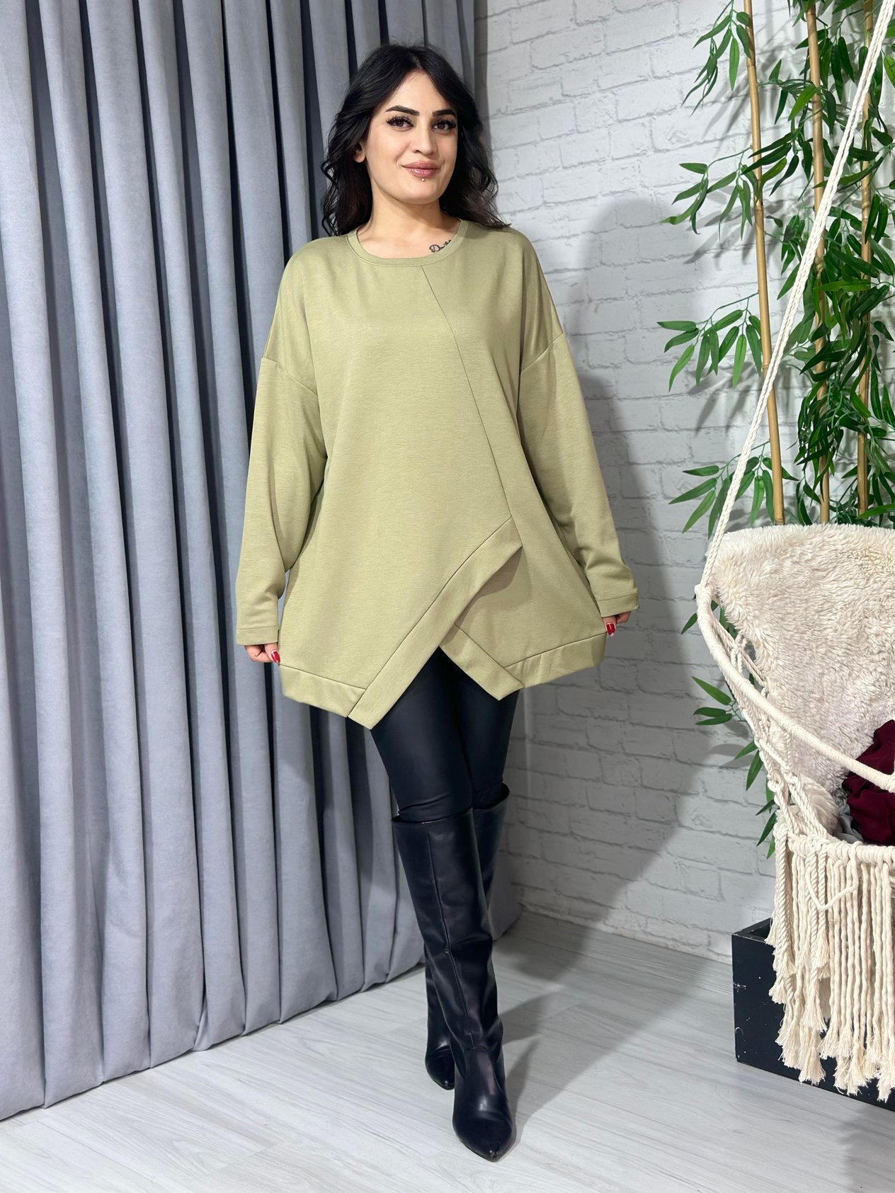 Yağ Yeşili Asimetrik Kesim Modal Oversize Bluz