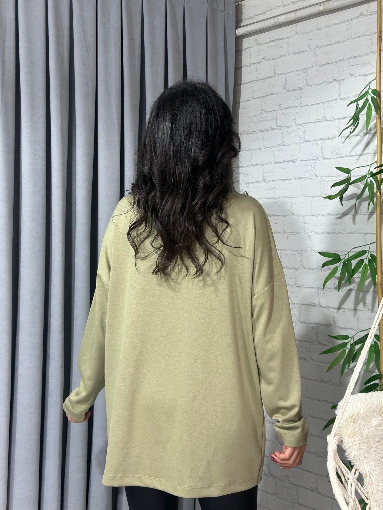 Yağ Yeşili Asimetrik Kesim Modal Oversize Bluz