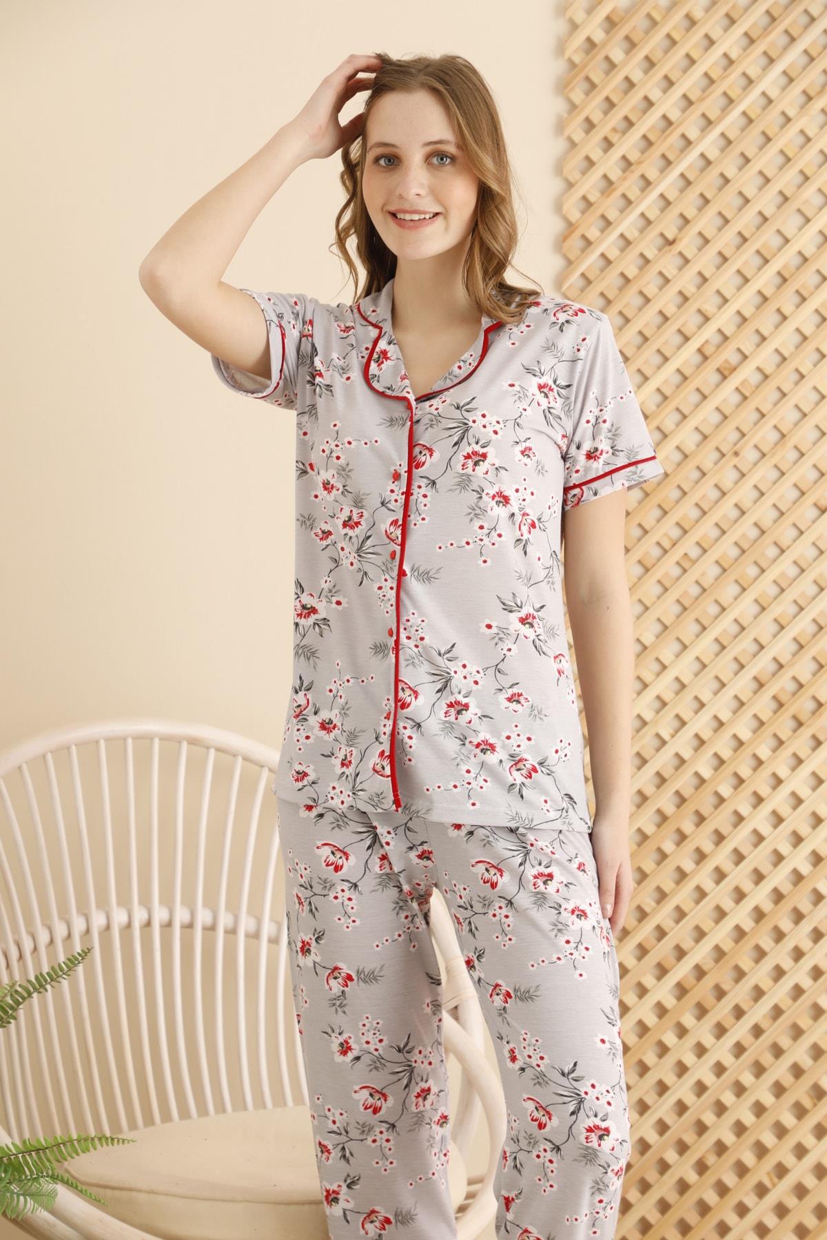 Gri Kırmızı Çiçek Desenli Önden Düğmeli Uzun Paça Pantolon Pijama Takımı