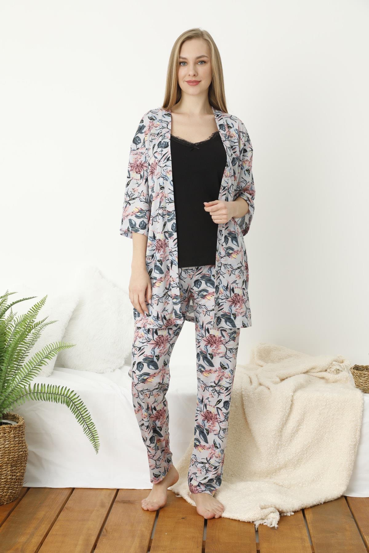 Mavi Renkli Çiçek Baskılı 3 lü sabahlıklı Pijama Takımı