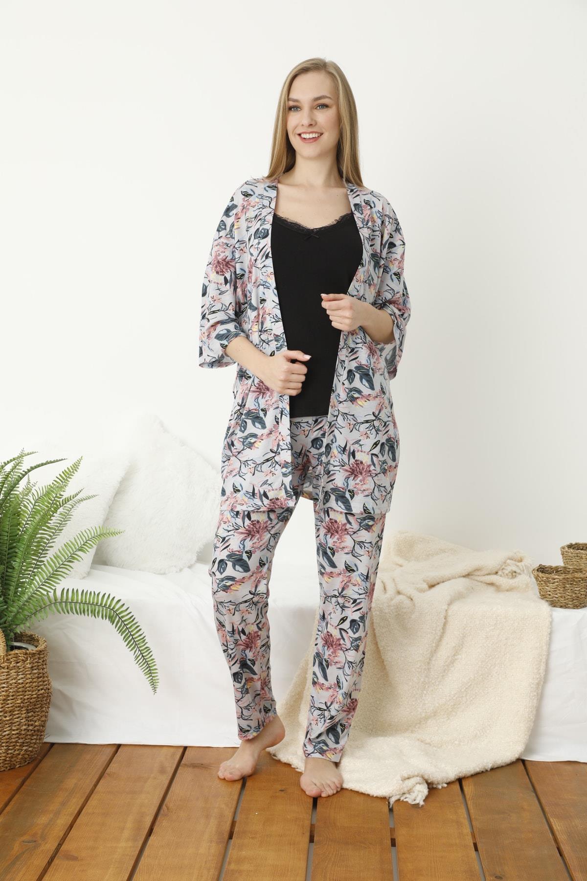 Mavi Renkli Çiçek Baskılı 3 lü sabahlıklı Pijama Takımı