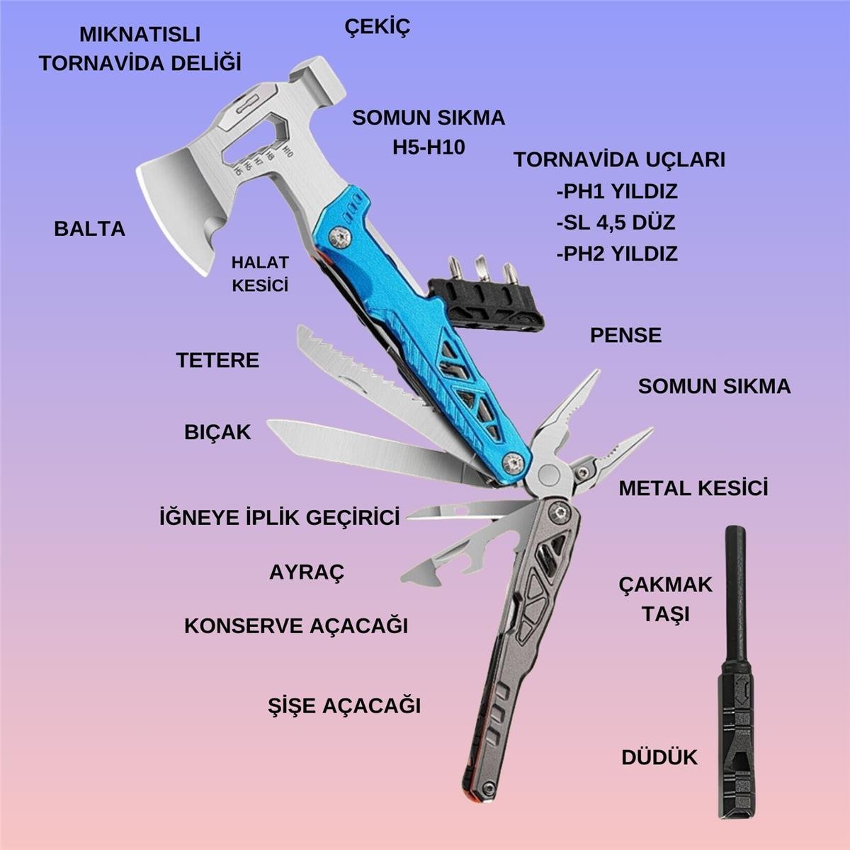 Outdoor Profesyonel Balta Çakı Çekiç Pense Kamp Piknik Ve Doğa Çok Fonksiyonlu Alet Seti