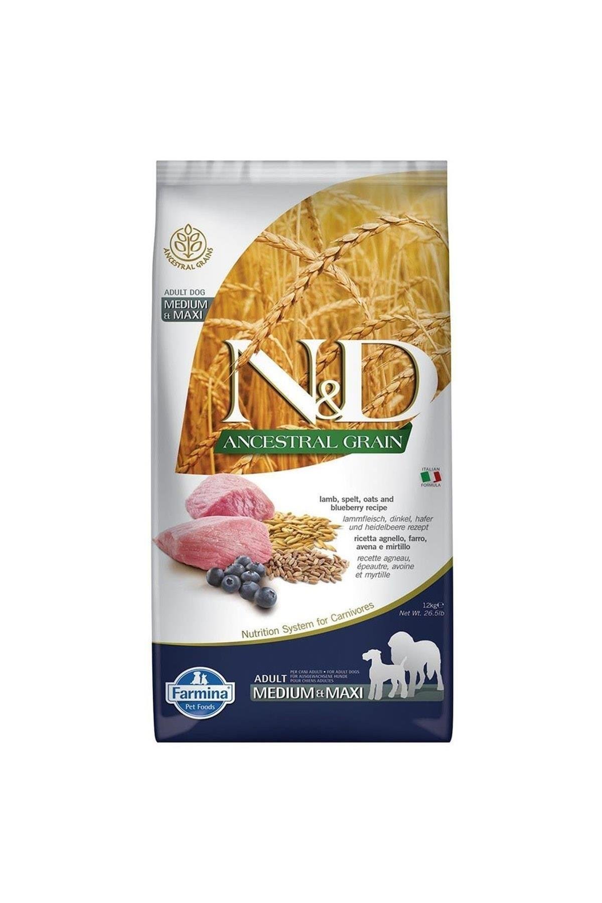 N&D Kuzu Etli ve Yaban Mersinli Orta ve Büyük Irk Ata Tahıllı Yetişkin Köpek Maması 12kg
