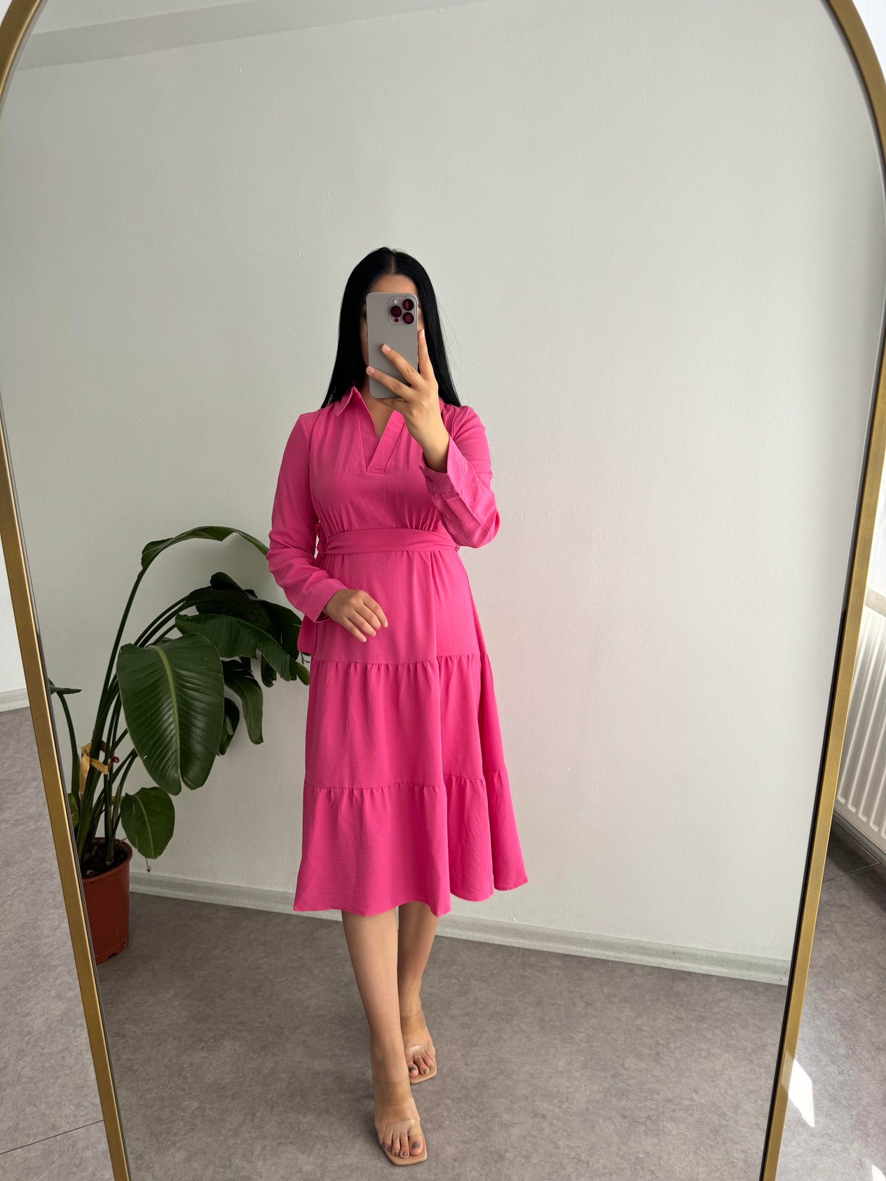 Uzun Kollu Pembe Elbise