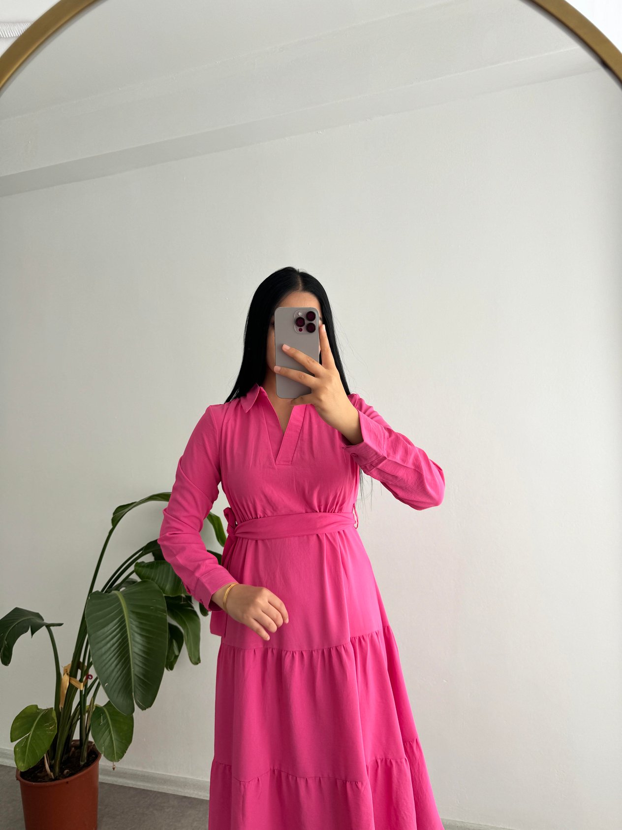 Uzun Kollu Pembe Elbise