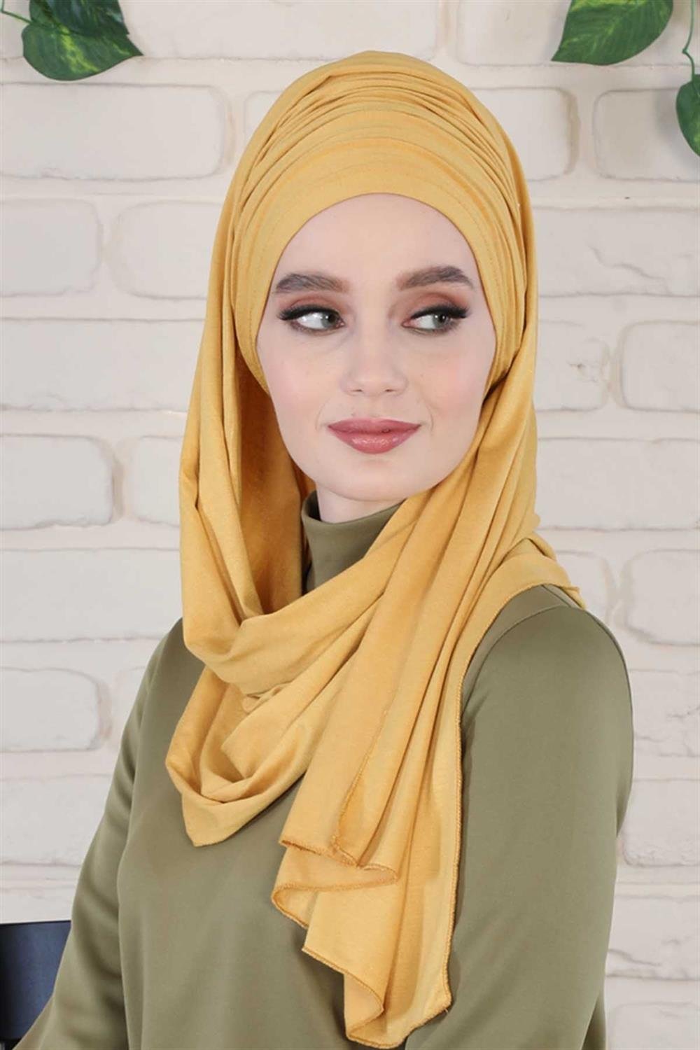 Büzgülü Penye Boneli Şal Hardal