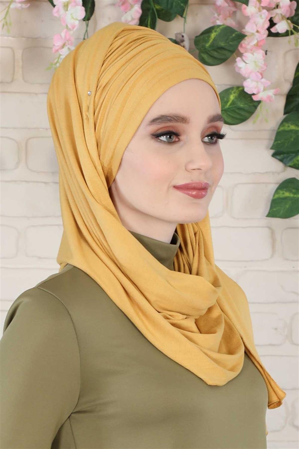 Büzgülü Penye Boneli Şal Hardal