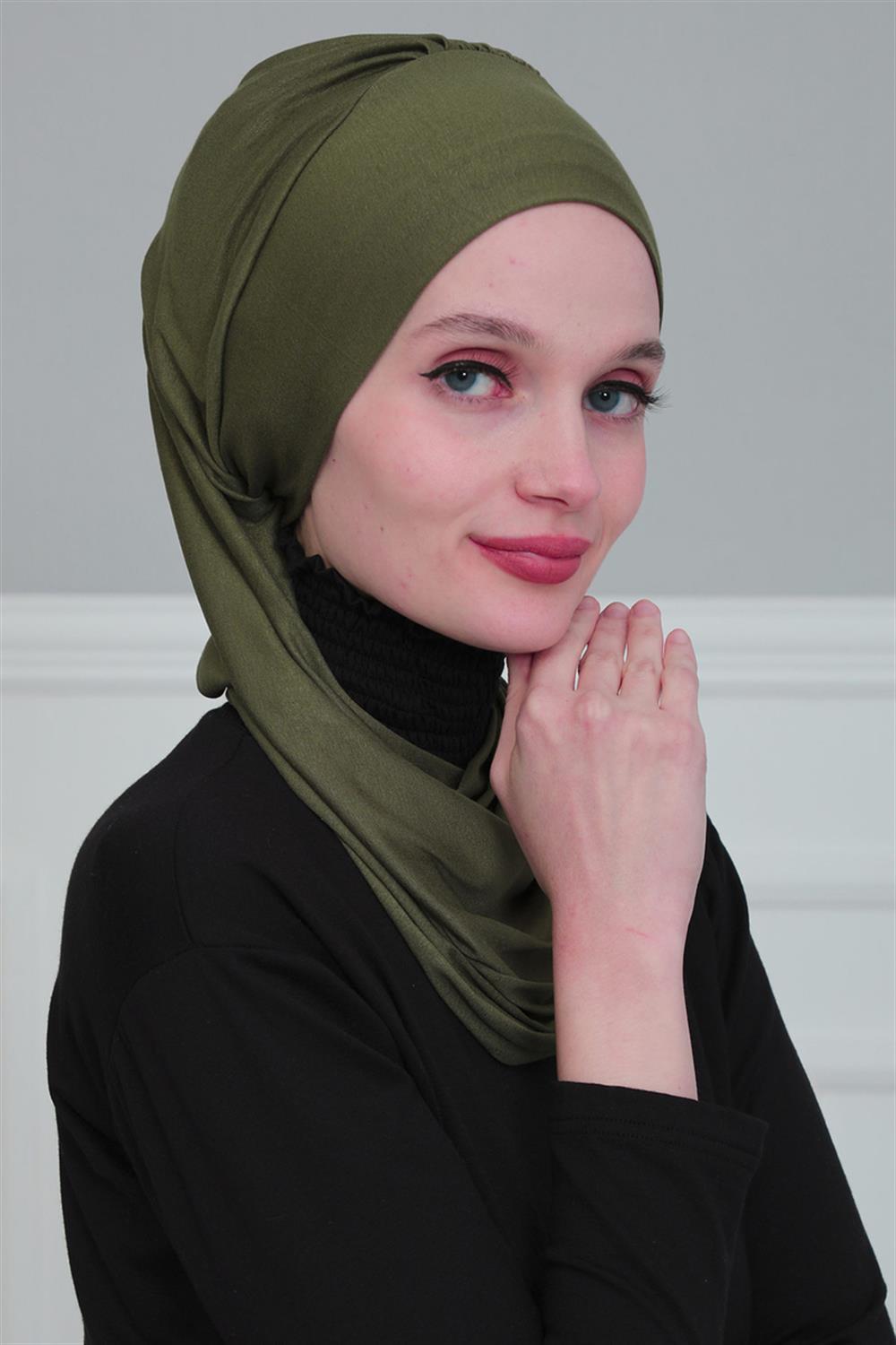 Çiçek Aksesuarlı Penye Hazır Türban Haki