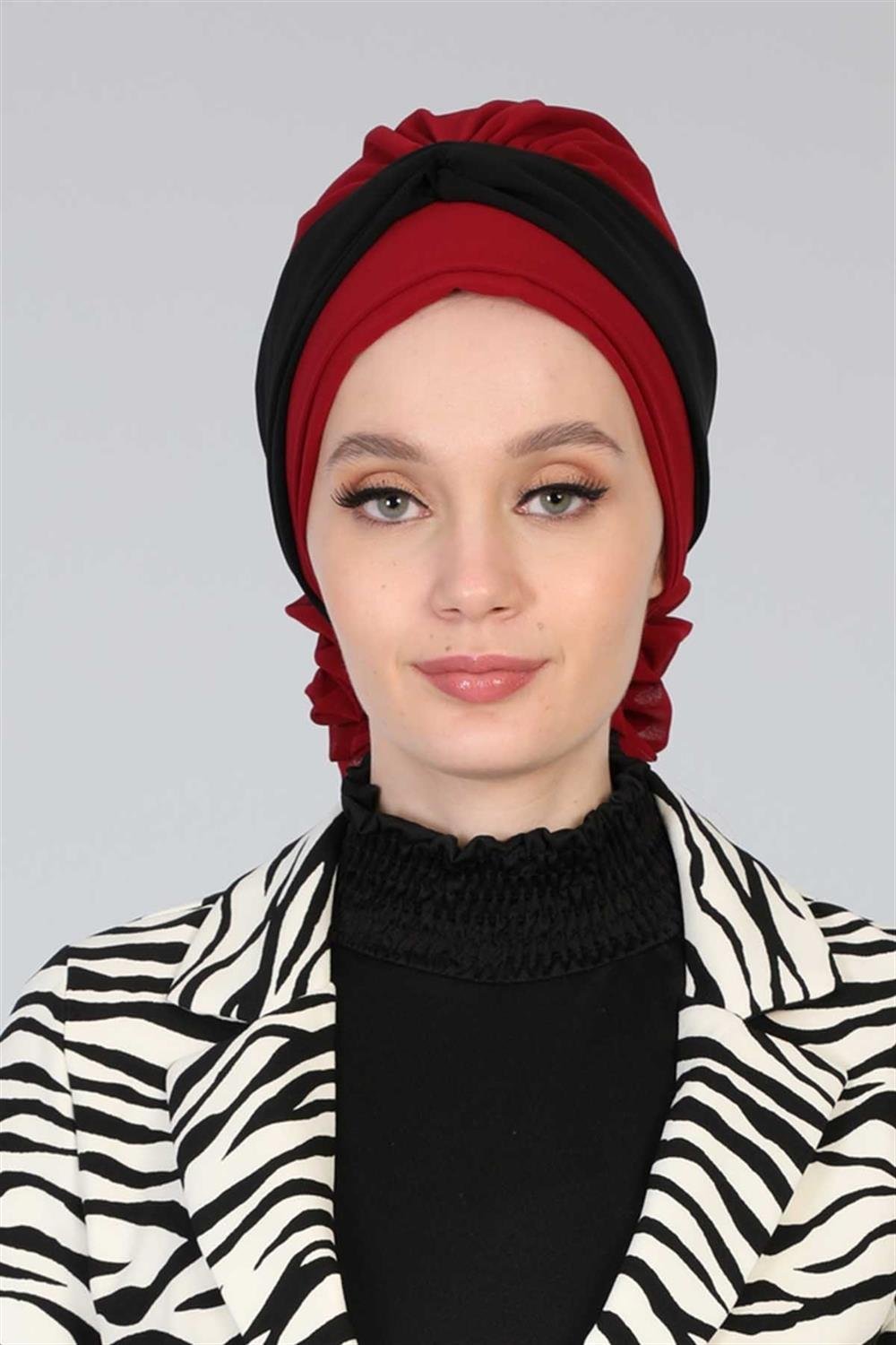 Çift Renkli Tasarım Şifon Hazır Türban Bordo