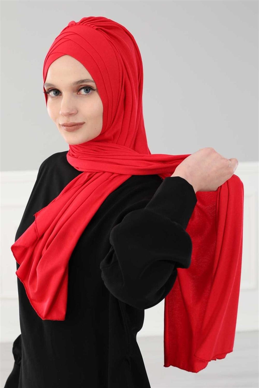 Çoklu Çapraz Dikim Pratik Penye Şal Kırmızı