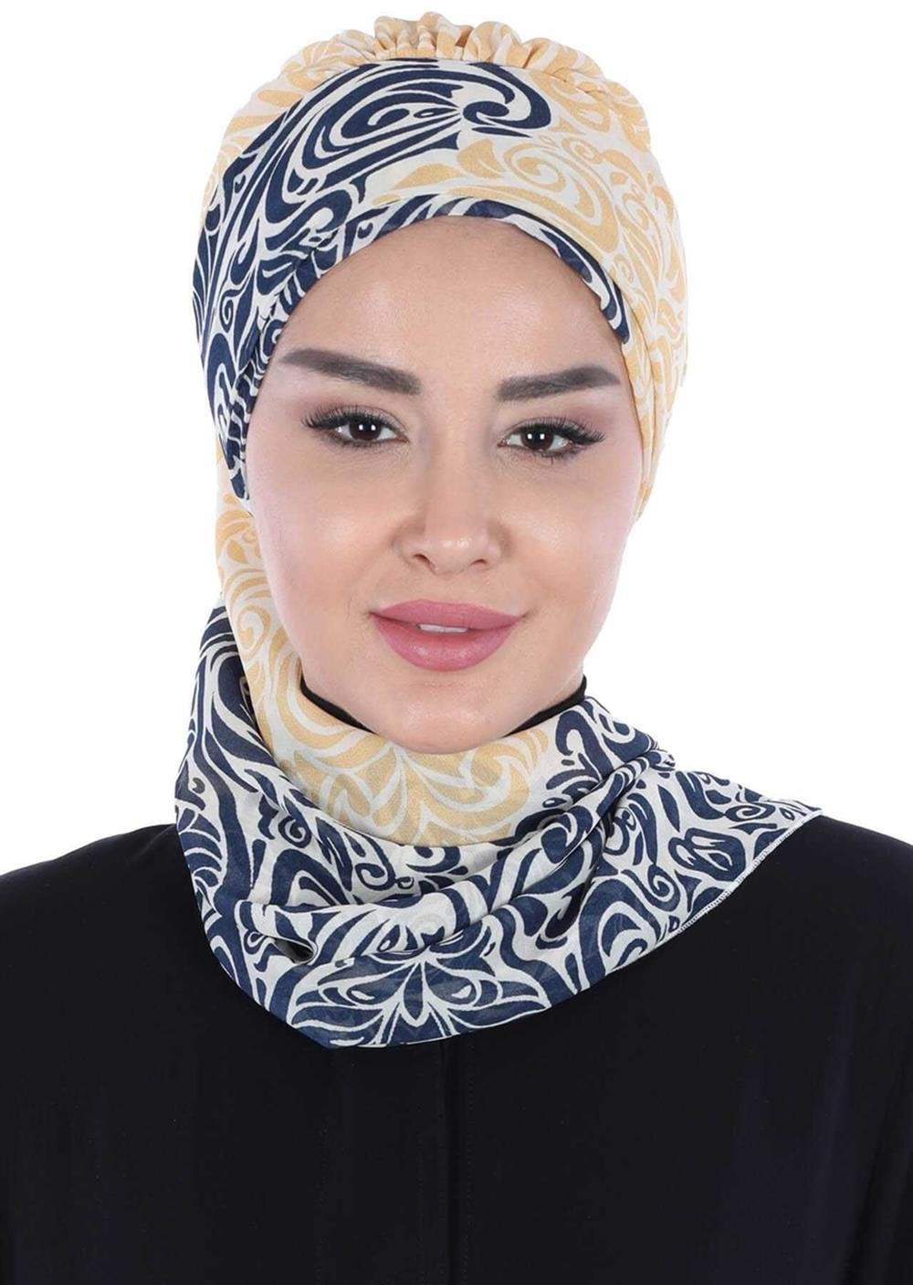 Desenli Şifon Hazır Türban Lacivert