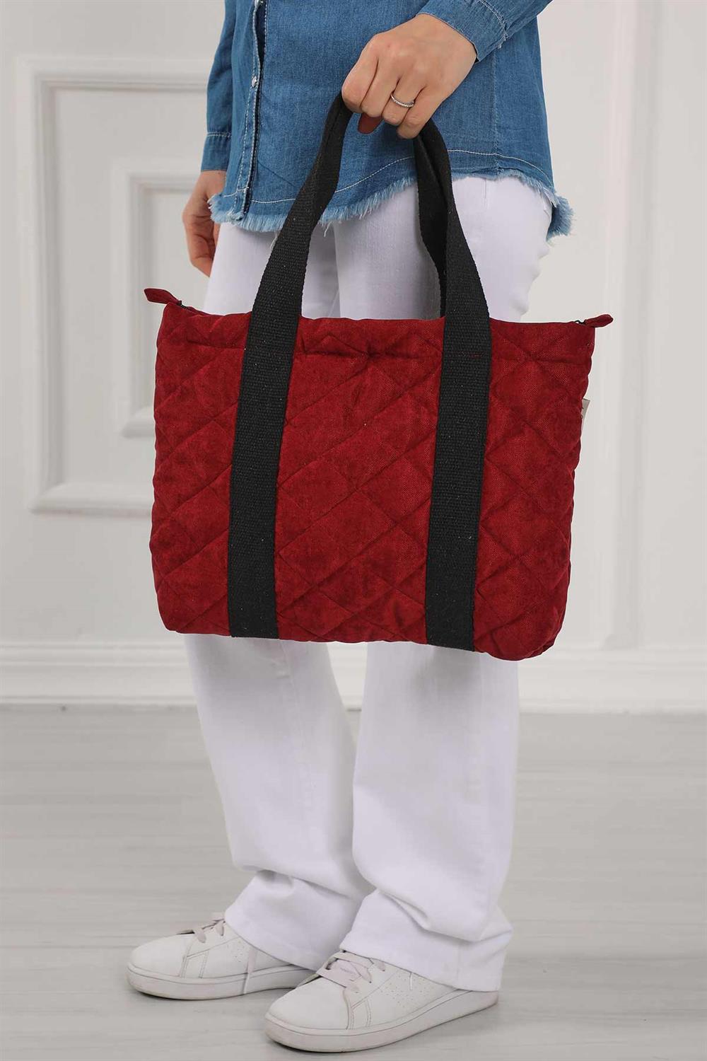 Düz Şeritli Baklava Desenli Çanta,Bordo,CK-30