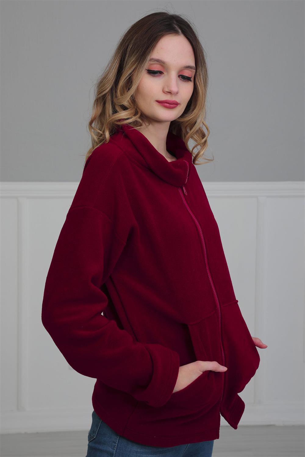 Fermuarlı Cepli Polar Sweatshirt,Bordo,SW-4