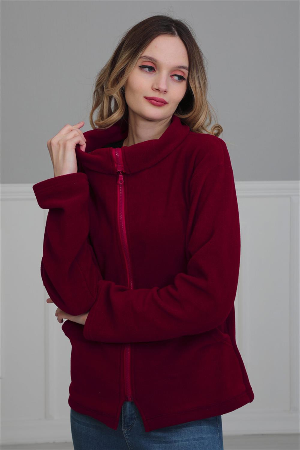Fermuarlı Cepli Polar Sweatshirt,Bordo,SW-4