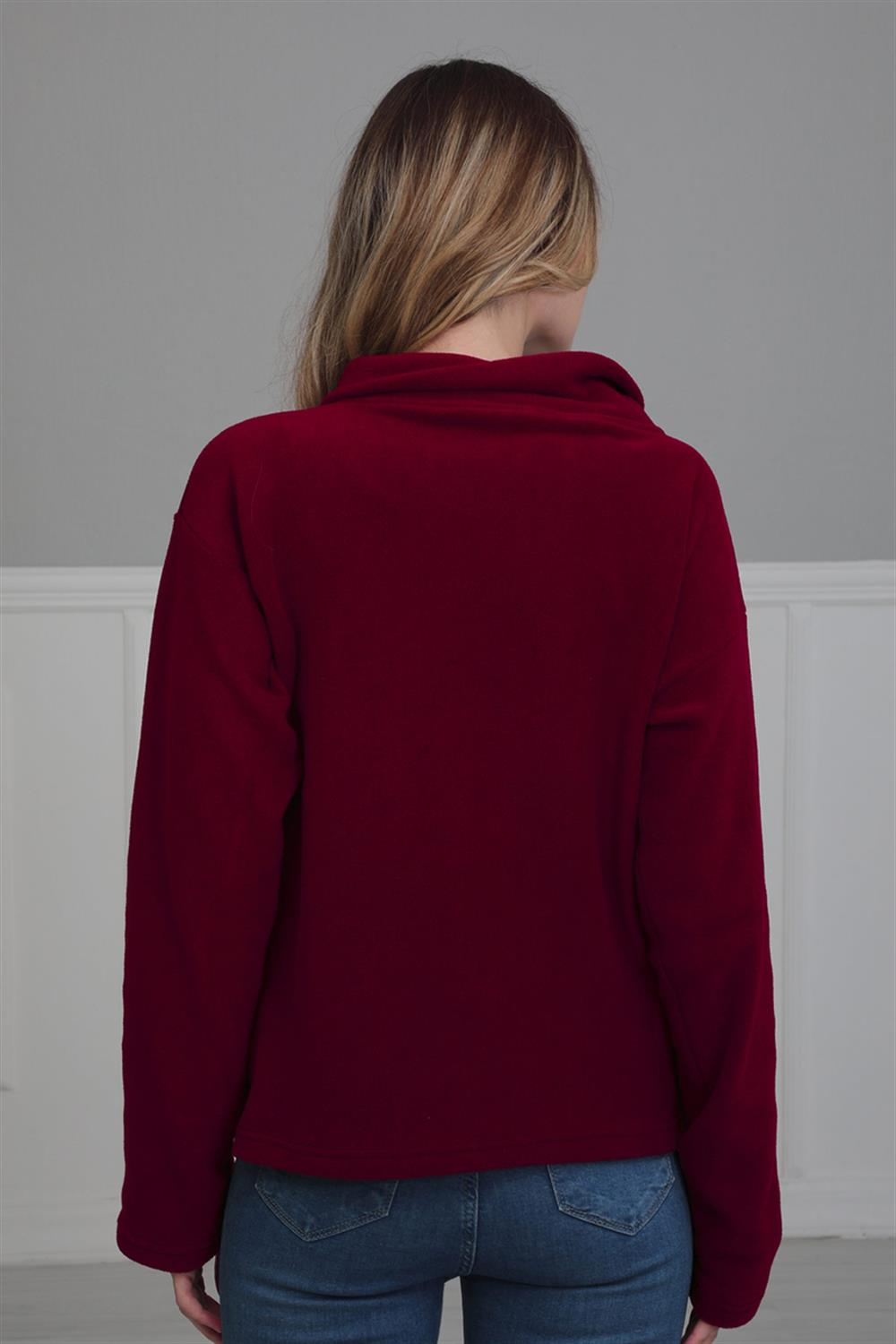 Fermuarlı Cepli Polar Sweatshirt,Bordo,SW-4