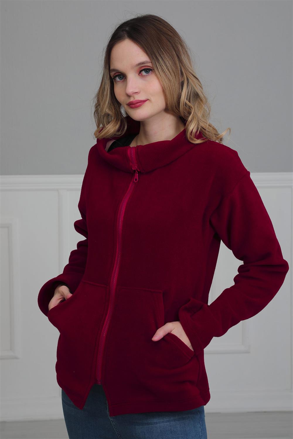 Fermuarlı Cepli Polar Sweatshirt,Bordo,SW-4
