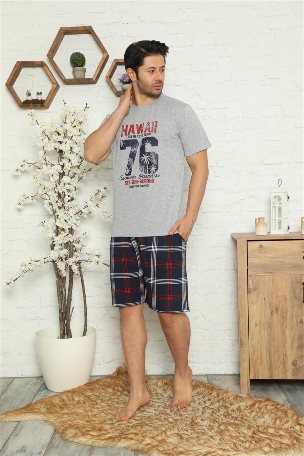 Moda Çizgi Erkek %100 Pamuk Cepli  Kapri Pijama Takımı 6735