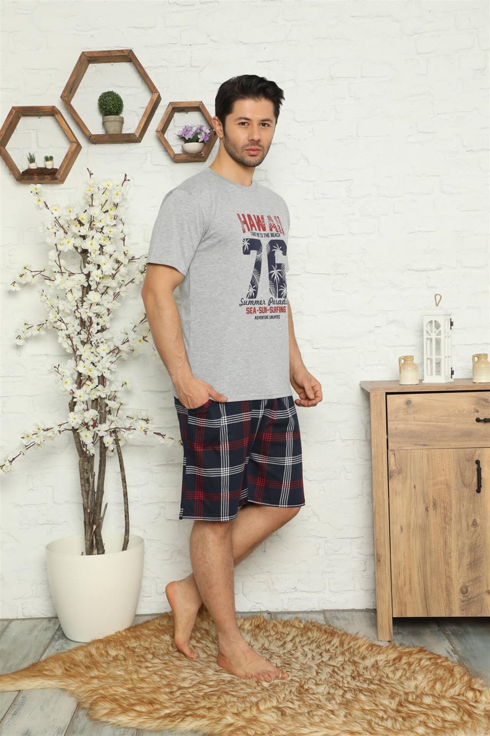 Moda Çizgi Erkek %100 Pamuk Cepli  Kapri Pijama Takımı 6735