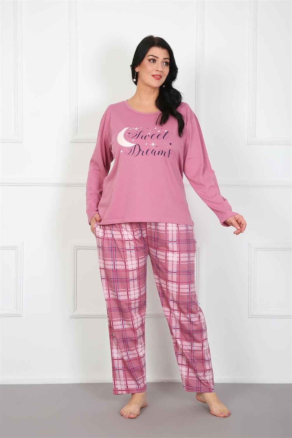 Moda Çizgi Kadın %100 Pamuk Büyük Beden Pijama Takım 202176