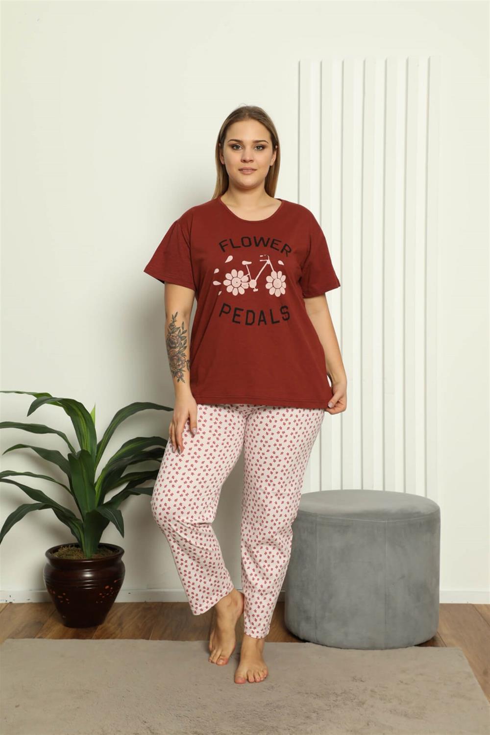 Moda Çizgi Kadın %100 Pamuk Kısa Kol Büyük Beden Pijama Takım 202147